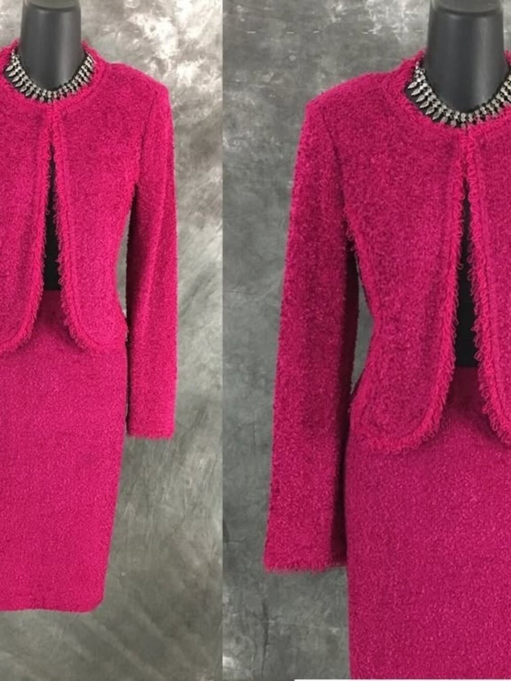 BEAUTIFUL St John knit pink fringe jacket skirt suit size 2 4